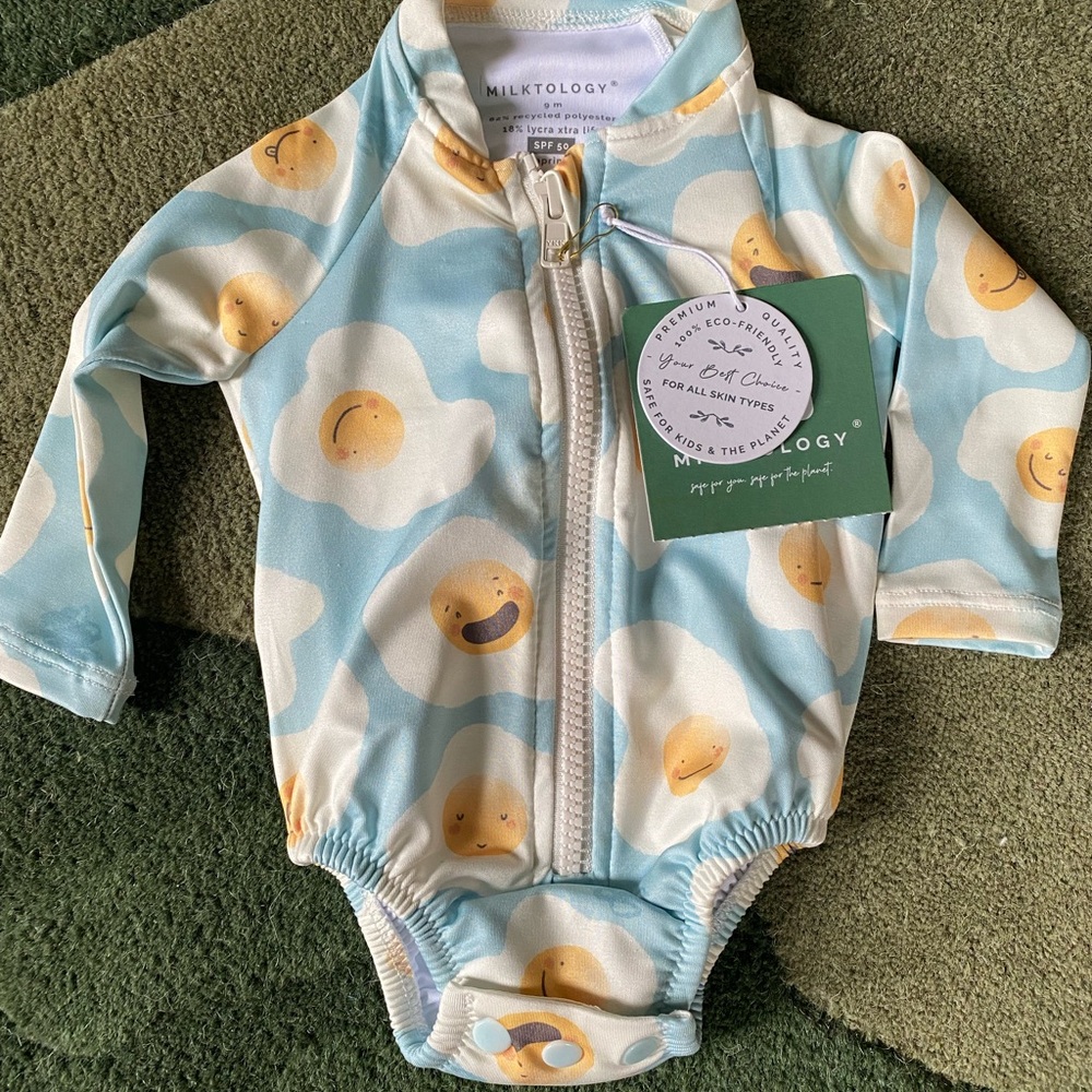 Milktology One-Piece Swimsuit in Light Blue with Sunny Egg Print SPF 50